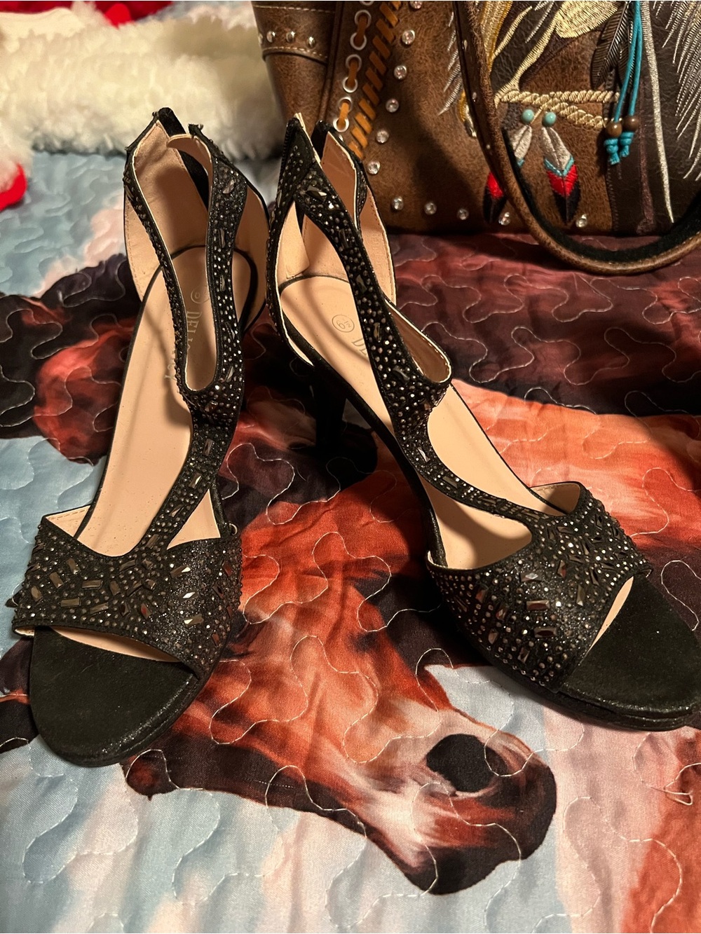 Delicacy Black Jeweled Open-Toe Strappy Heels